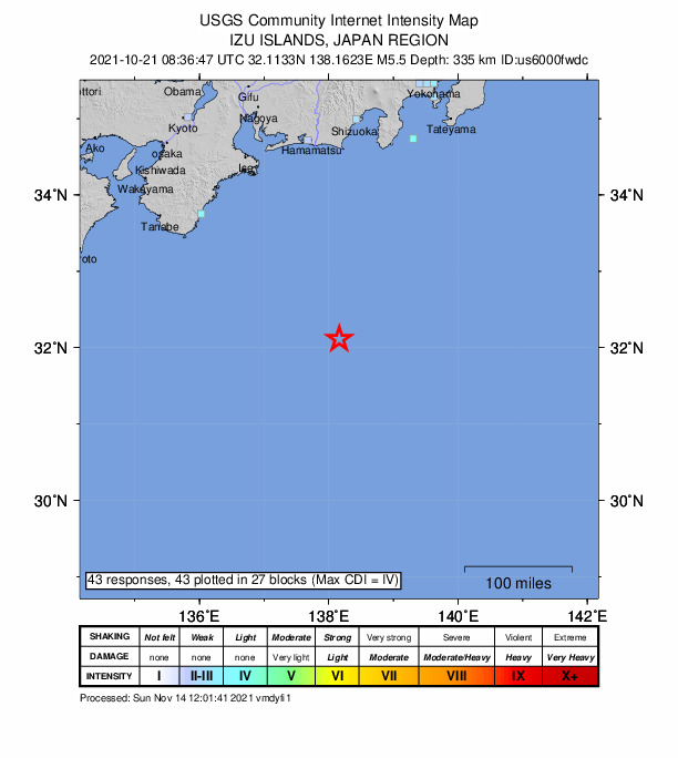 USGS DYFI community-reported intensity map for the M5.5 earthquake near 271 km SE of Shing?, Japan