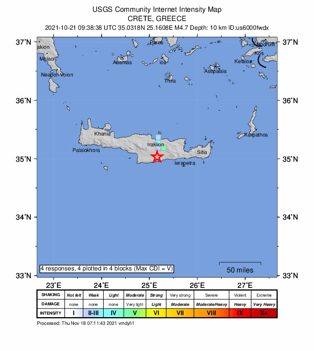 USGS DYFI community-reported intensity map for the M4.7 earthquake near 2 km NNE of Pýrgos, Greece