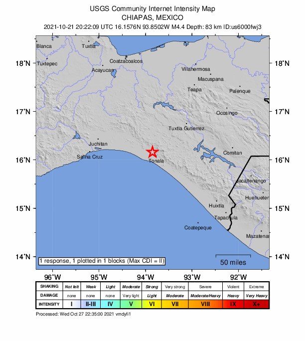USGS DYFI community-reported intensity map for the M4.4 earthquake near 12 km SSE of La Línea, Mexico