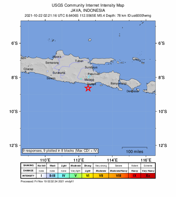 USGS DYFI community-reported intensity map for the M4.9 earthquake near 53 km SSW of Dampit, Indonesia