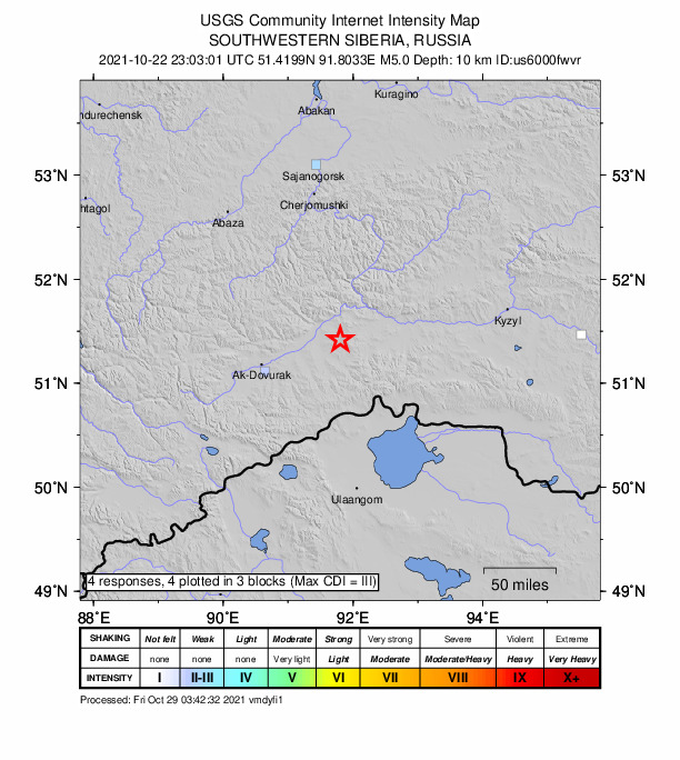 USGS DYFI community-reported intensity map for the M5.0 earthquake near southwestern Siberia, Russia