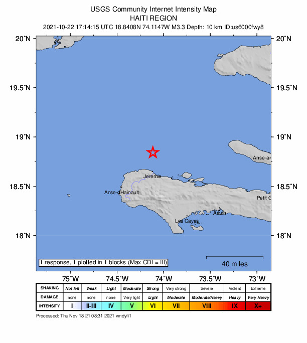 USGS DYFI community-reported intensity map for the M3.3 earthquake near Haiti region