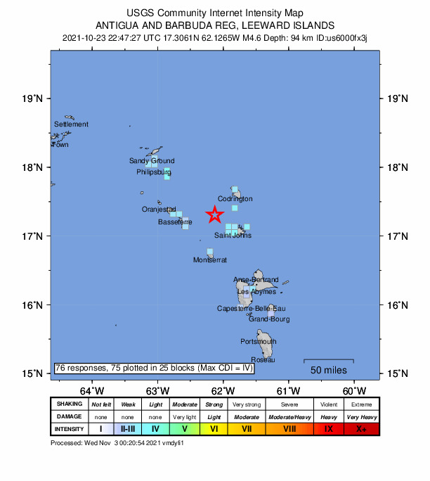 USGS DYFI community-reported intensity map for the M4.6 earthquake near 36 km NW of Saint John’s, Antigua and Barbuda