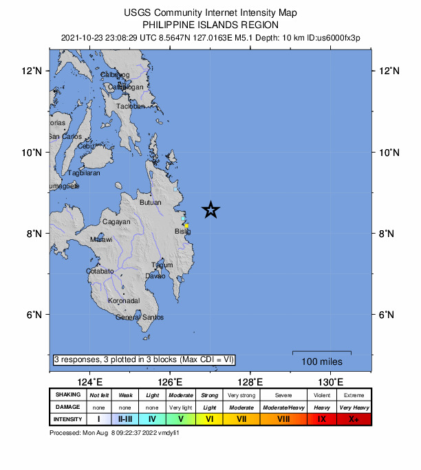 USGS DYFI community-reported intensity map for the M5.1 earthquake near 78 km ENE of Hinatuan, Philippines