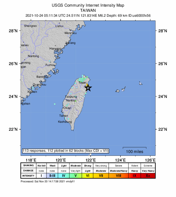 USGS DYFI community-reported intensity map for the M6.2 earthquake near 28 km SSE of Yilan, Taiwan