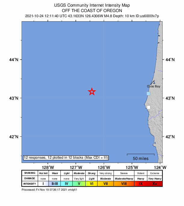 USGS DYFI community-reported intensity map for the M4.8 earthquake near 163 km W of Langlois, Oregon