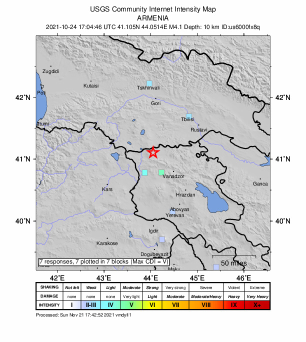 USGS DYFI community-reported intensity map for the M4.1 earthquake near 18 km SW of Metsavan, Armenia