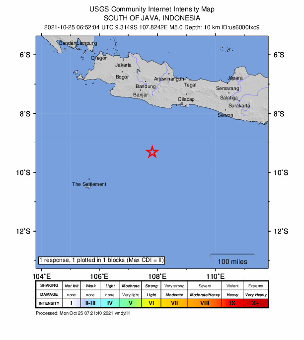 USGS DYFI community-reported intensity map for the M5.1 earthquake near 217 km SSW of Kawalu, Indonesia