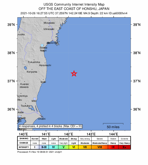 USGS DYFI community-reported intensity map for the M4.9 earthquake near 112 km ESE of Namie, Japan