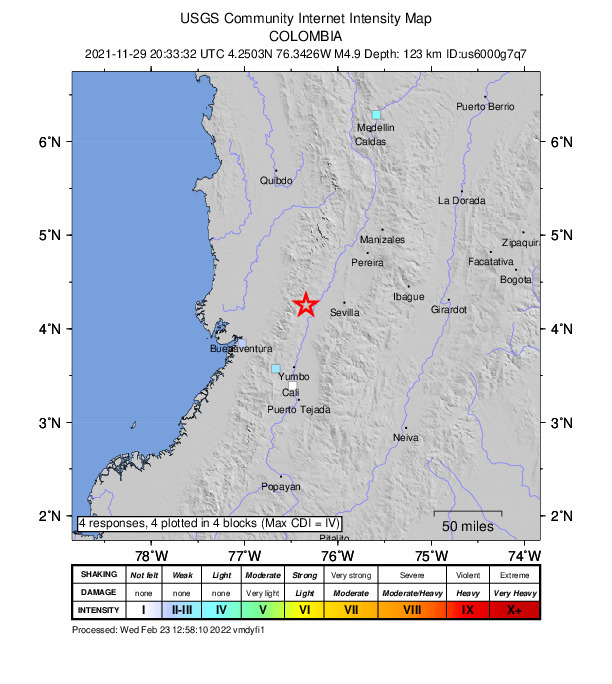 USGS DYFI community-reported intensity map for the M4.9 earthquake near 4 km NNW of Trujillo, Colombia