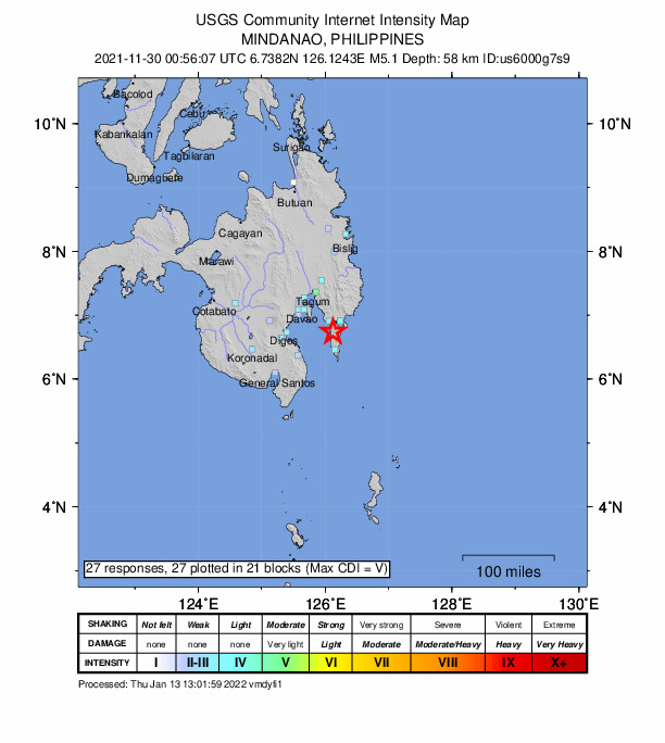 USGS DYFI community-reported intensity map for the M5.1 earthquake near 3 km NE of Talisay, Philippines