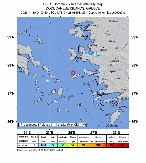 USGS DYFI community-reported intensity map for the M5.1 earthquake near 23 km NW of Agios Kirykos, Greece