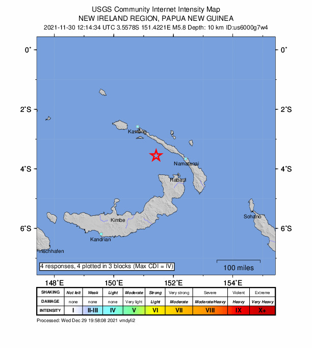 USGS DYFI community-reported intensity map for the M5.8 earthquake near 108 km NW of Rabaul, Papua New Guinea