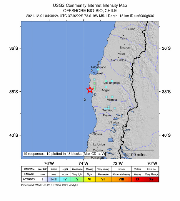 USGS DYFI community-reported intensity map for the M5.1 earthquake near 22 km WSW of Cañete, Chile