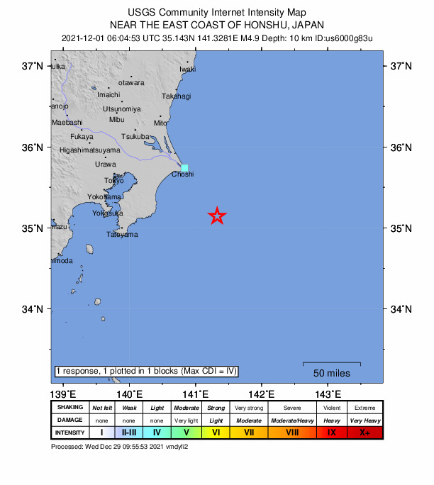 USGS DYFI community-reported intensity map for the M4.9 earthquake near 79 km SE of Hasaki, Japan