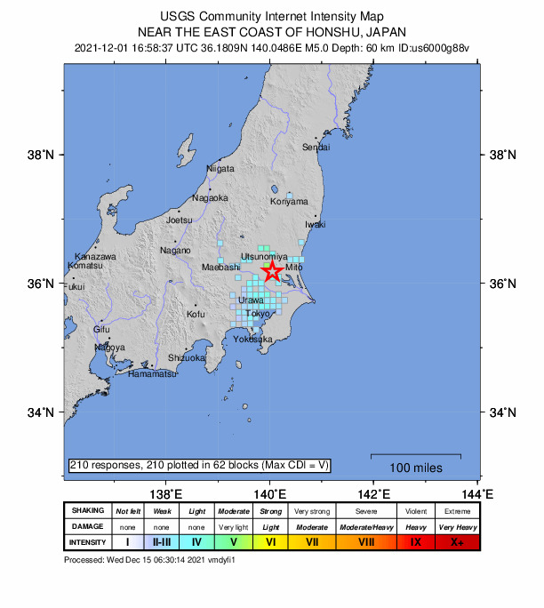 USGS DYFI community-reported intensity map for the M5.0 earthquake near 1 km SSW of Tsukuba, Japan