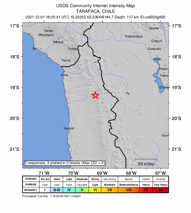 USGS DYFI community-reported intensity map for the M4.7 earthquake near 141 km NE of Iquique, Chile