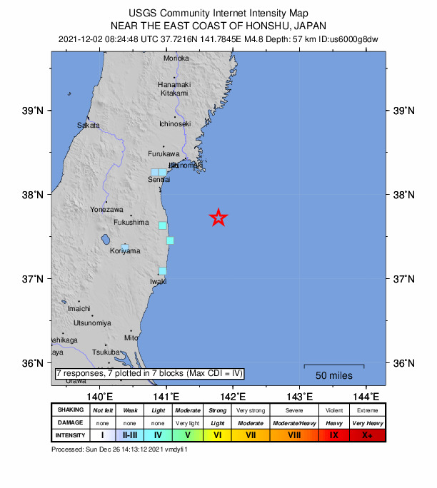 USGS DYFI community-reported intensity map for the M4.8 earthquake near 74 km ENE of Namie, Japan
