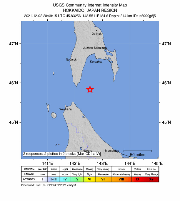 USGS DYFI community-reported intensity map for the M4.6 earthquake near 76 km NE of Makubetsu, Japan