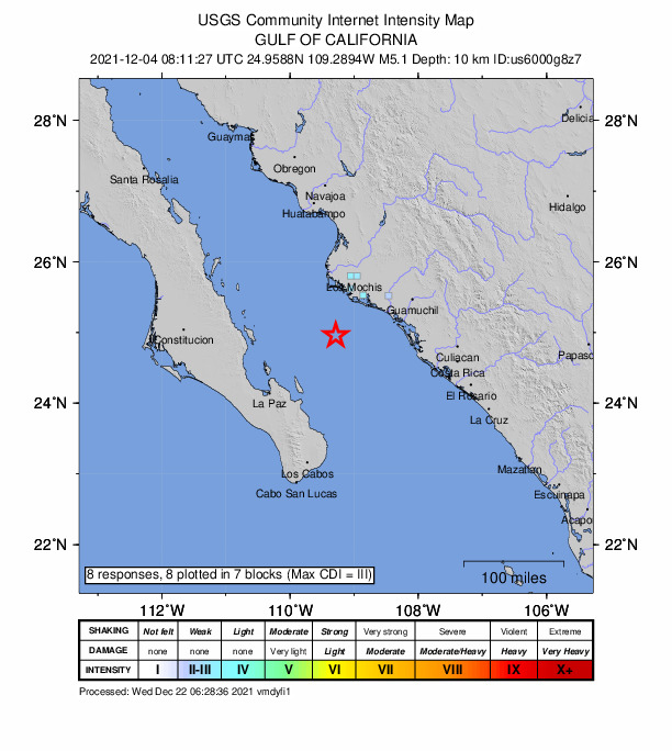 USGS DYFI community-reported intensity map for the M5.1 earthquake near 73 km SSW of Topolobampo, Mexico