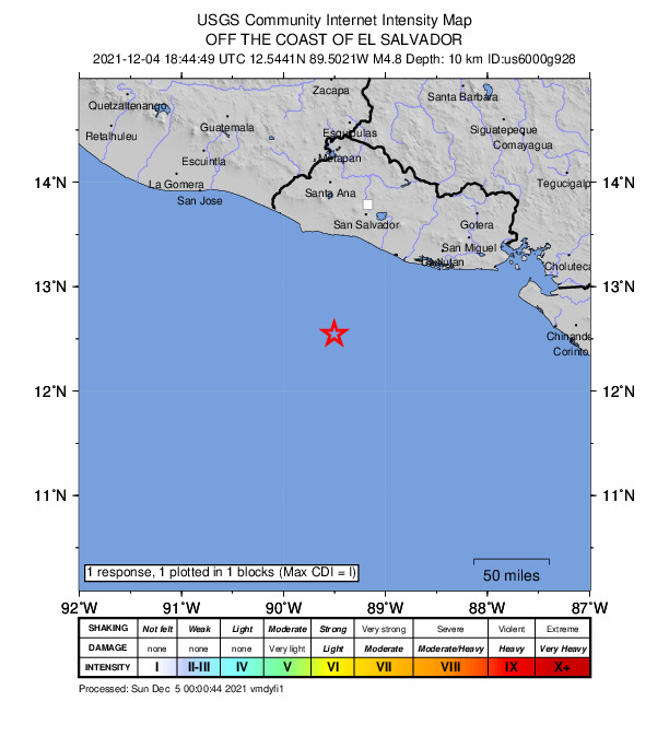 USGS DYFI community-reported intensity map for the M4.9 earthquake near 105 km S of La Libertad, El Salvador