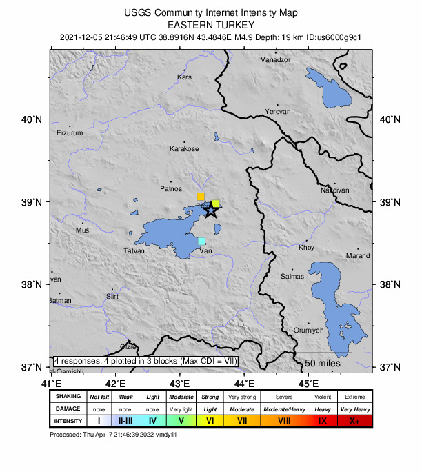 USGS DYFI community-reported intensity map for the M4.9 earthquake near 18 km SE of Erci?, Turkey