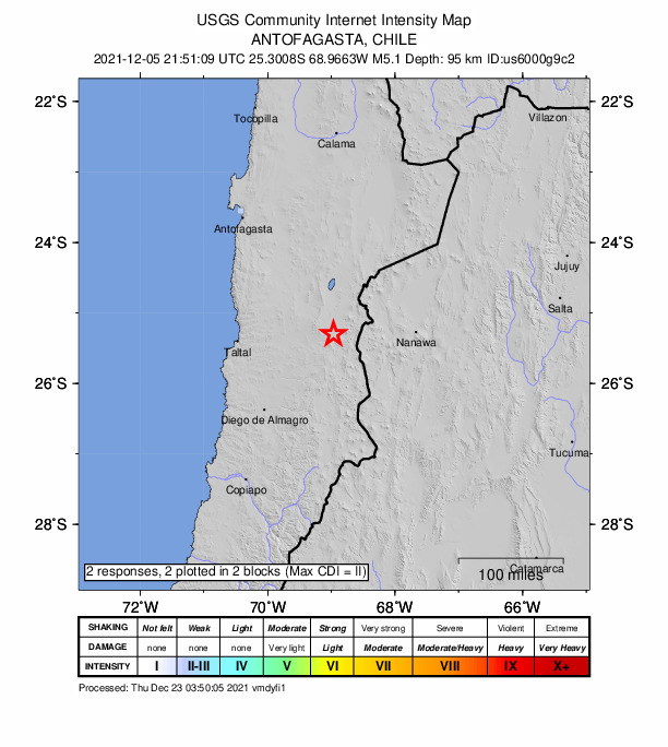 USGS DYFI community-reported intensity map for the M5.1 earthquake near 153 km E of Taltal, Chile