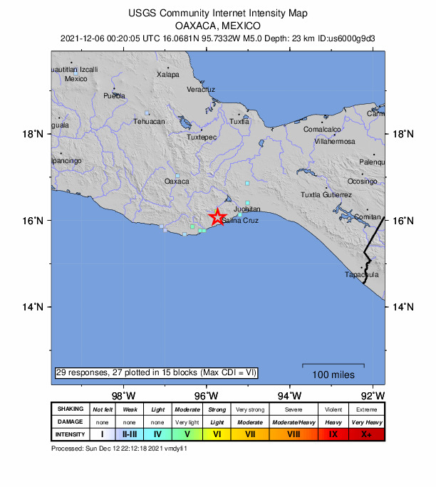 USGS DYFI community-reported intensity map for the M5.0 earthquake near 12 km W of El Coyul, Mexico