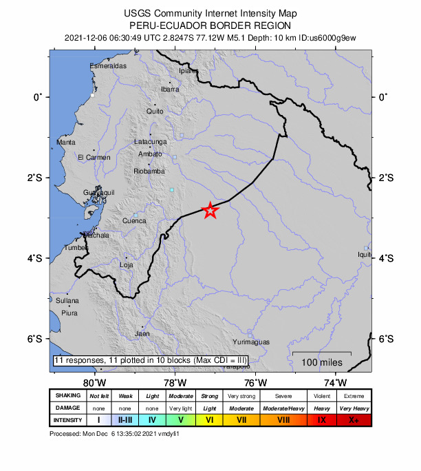 USGS DYFI community-reported intensity map for the M5.1 earthquake near 113 km ESE of Macas, Ecuador