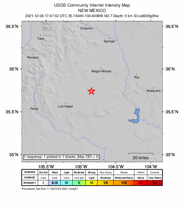USGS DYFI community-reported intensity map for the M2.7 earthquake near 13 km ESE of Watrous, New Mexico
