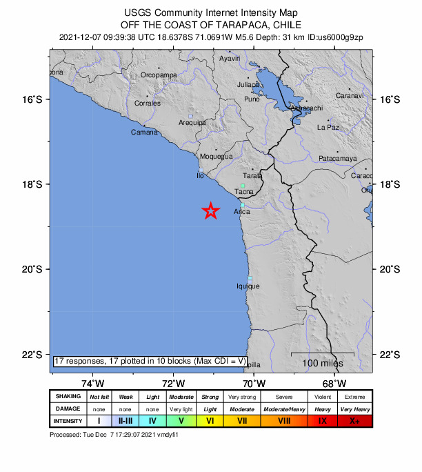USGS DYFI community-reported intensity map for the M5.6 earthquake near 81 km W of Arica, Chile
