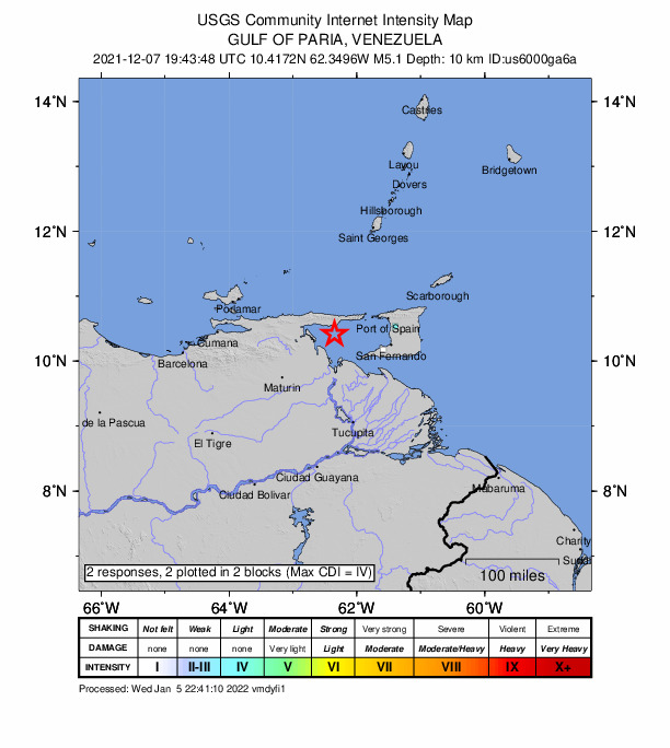 USGS DYFI community-reported intensity map for the M5.1 earthquake near 18 km SSW of Güiria, Venezuela