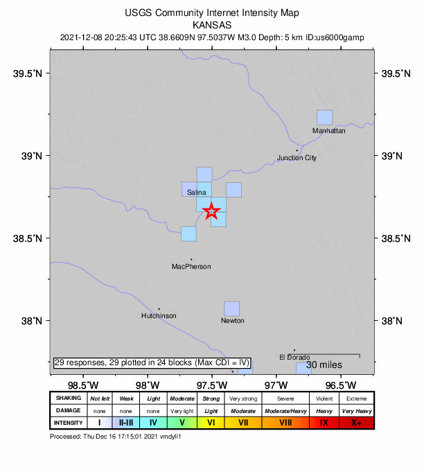 USGS DYFI community-reported intensity map for the M3.0 earthquake near 8 km SW of Gypsum, Kansas