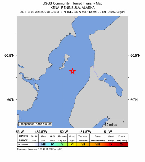 USGS DYFI community-reported intensity map for the M3.2 earthquake near 22 km WNW of Clam Gulch, Alaska