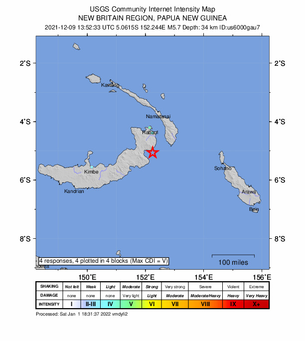 USGS DYFI community-reported intensity map for the M5.7 earthquake near 79 km S of Kokopo, Papua New Guinea