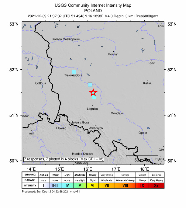 USGS DYFI community-reported intensity map for the M4.0 earthquake near 6 km ESE of Polkowice, Poland