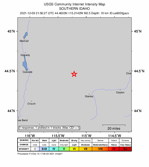 USGS DYFI community-reported intensity map for the M2.5 earthquake near 34 km NW of Stanley, Idaho