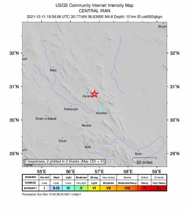 USGS DYFI community-reported intensity map for the M4.8 earthquake near 28 km E of Zarand, Iran