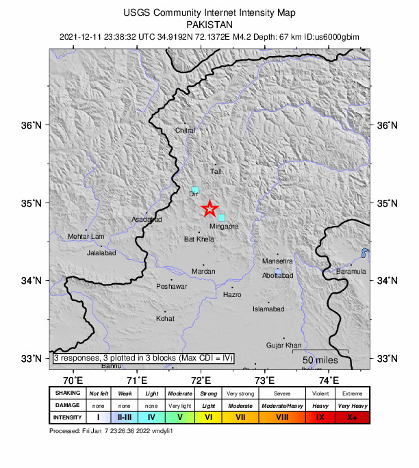 USGS DYFI community-reported intensity map for the M4.2 earthquake near 10 km SE of Kakad Wari Dir Upper, Pakistan