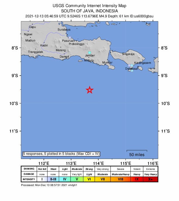 USGS DYFI community-reported intensity map for the M5.0 earthquake near 137 km SSW of Gambiran Satu, Indonesia