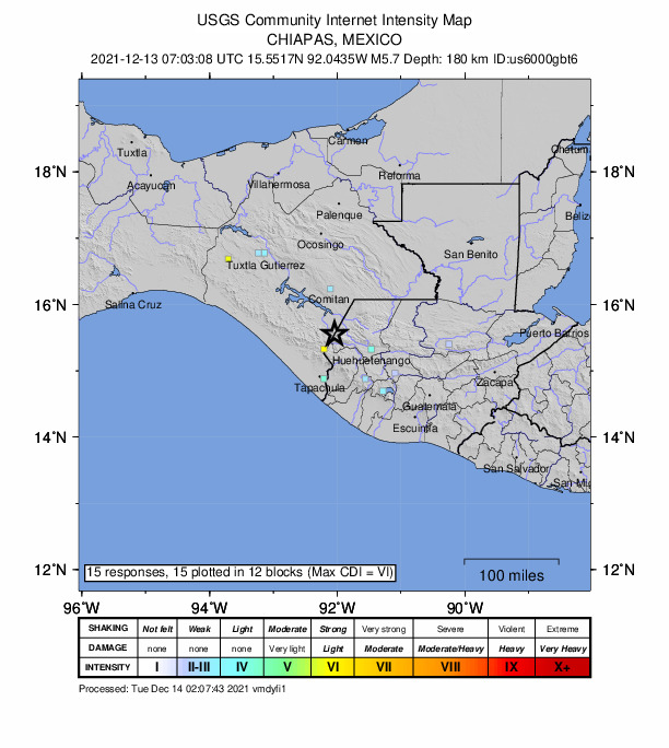 USGS DYFI community-reported intensity map for the M5.7 earthquake near 3 km SSE of El Pacayal, Mexico