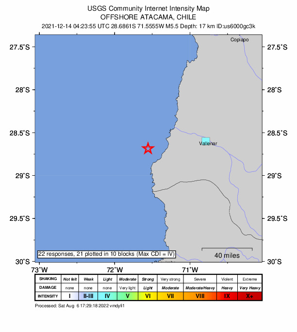 USGS DYFI community-reported intensity map for the M5.5 earthquake near 78 km W of Vallenar, Chile