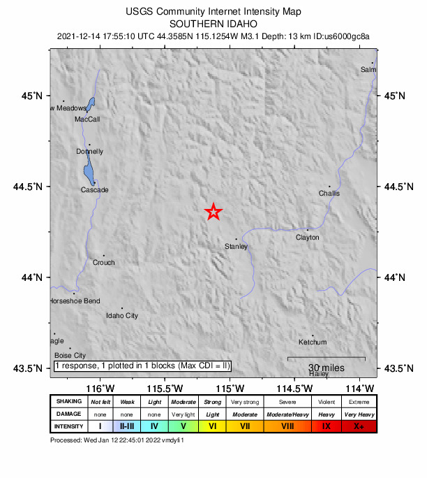 USGS DYFI community-reported intensity map for the M3.1 earthquake near 21 km NW of Stanley, Idaho