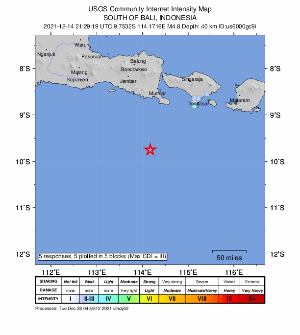 USGS DYFI community-reported intensity map for the M4.8 earthquake near 147 km S of Muncar, Indonesia