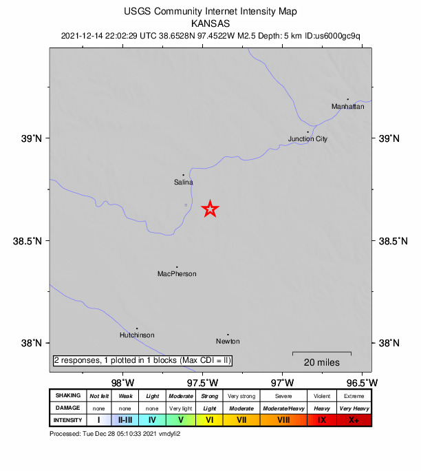 USGS DYFI community-reported intensity map for the M2.5 earthquake near 6 km SSW of Gypsum, Kansas