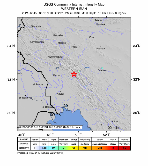 USGS DYFI community-reported intensity map for the M5.0 earthquake near 55 km NE of Masjed Soleym?n, Iran