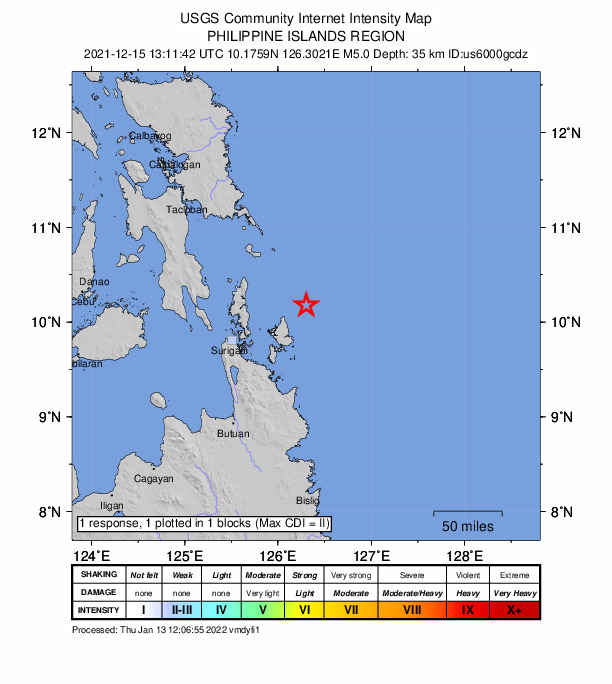 USGS DYFI community-reported intensity map for the M5.0 earthquake near 33 km ENE of Santa Monica, Philippines