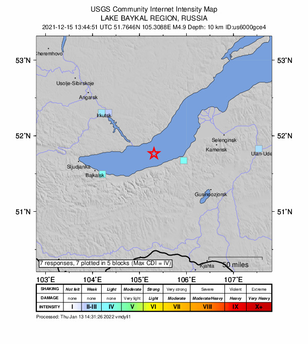 USGS DYFI community-reported intensity map for the M4.9 earthquake near 26 km NNE of Tankhoy, Russia
