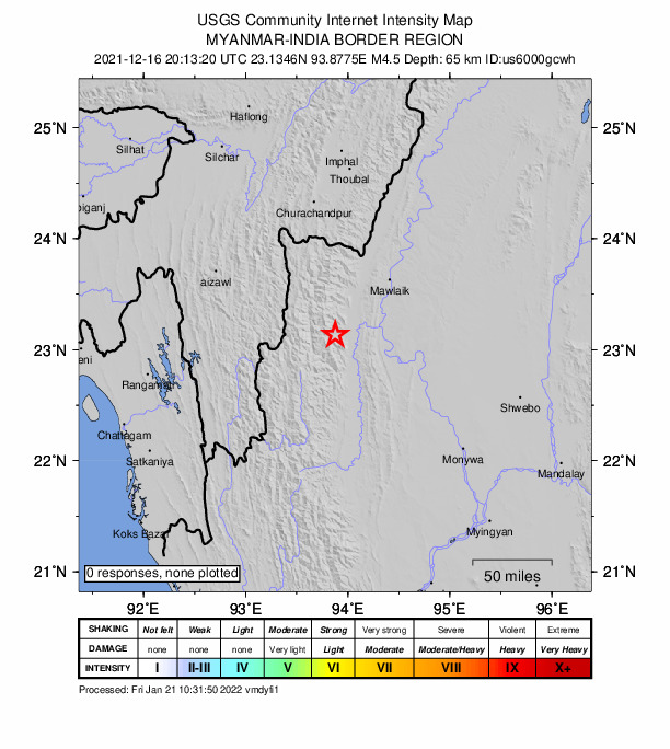 USGS DYFI community-reported intensity map for the M4.5 earthquake near 31 km NE of Falam, Myanmar