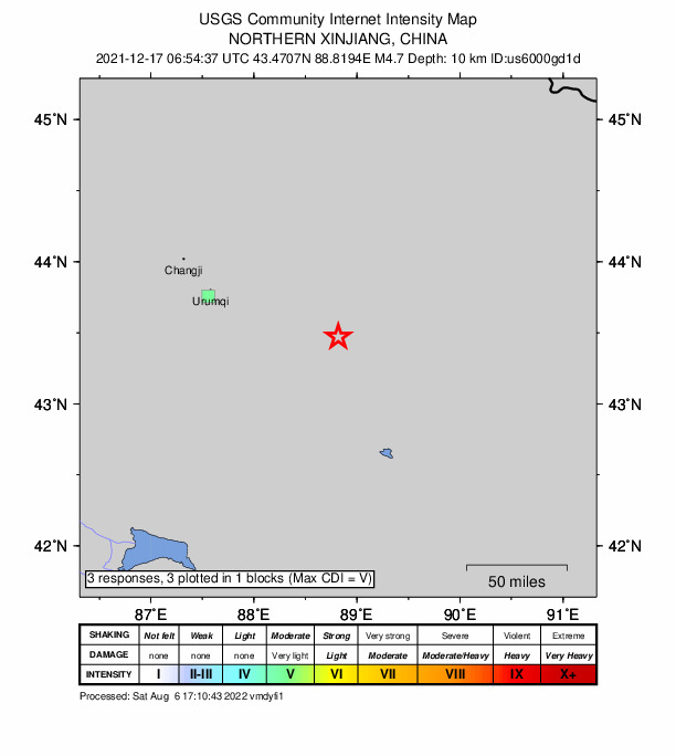 USGS DYFI community-reported intensity map for the M4.7 earthquake near 65 km NNW of Turpan, China